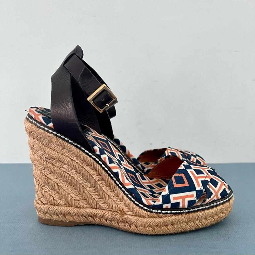 Tory Burch Criss Cross Blue & Orange Canvas Espadrille Jute Wedge Sandals‎